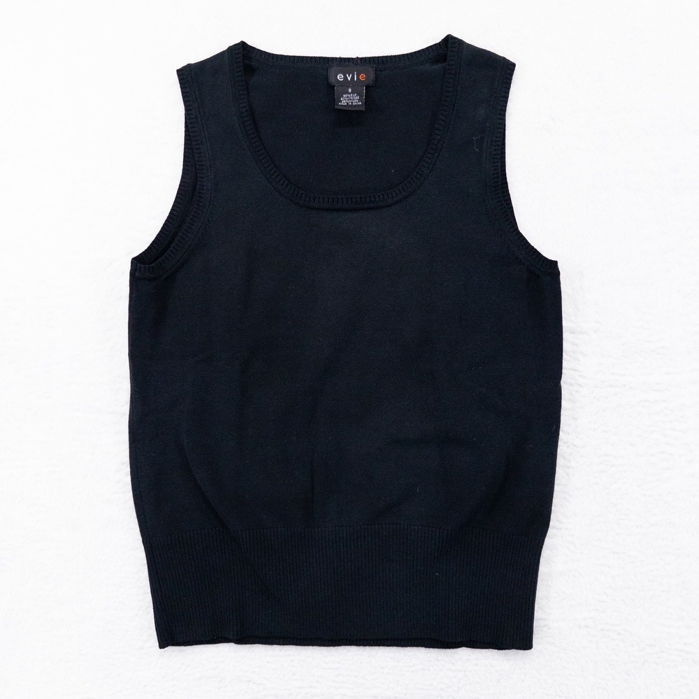 Evie Womens Sweater Vest Small Black Silk Blend Scoop Neck Ribbed Hem Classic